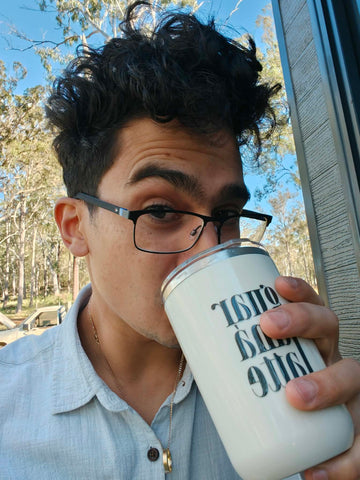 Customer drinking Vallentine & Co Guaraná Latte coffee alternative outdoors