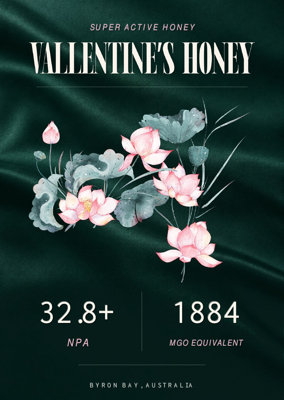Vallentine's Honey artwork with lotus flowers and the independently tested NPA rating